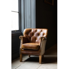 Buttoned Governor Chair in Tweed & Tan Leather with Medium Oak legs - Fast Track