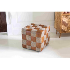 Framed Cube Stool Mixed Wool & Leather Patchwork