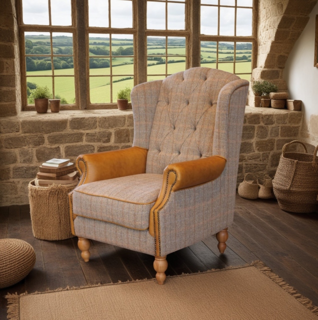 vintage Westminster Wing  Armchair in Harrington Tweed (Fellwood Lodge) and Tan Leather Trims New 2025