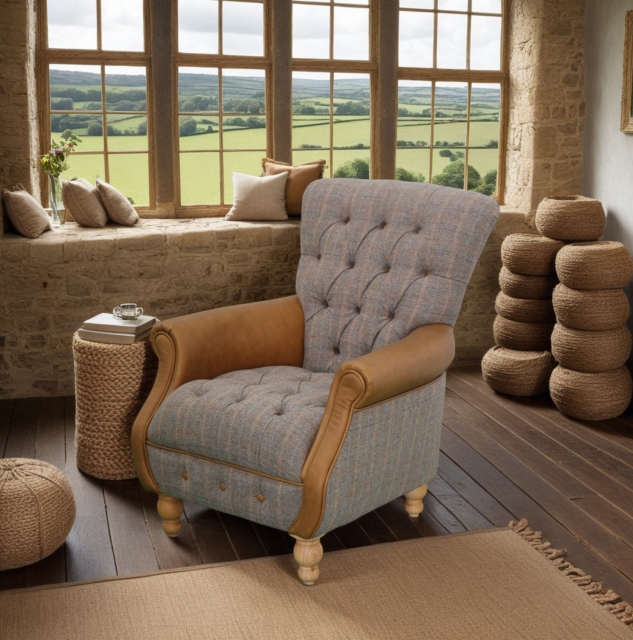 vintage Westminster Armchair in Harrington Tweed (Fellwood Lodge) and Tan leather Trims (New 2025)