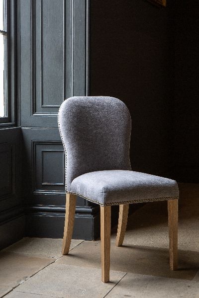 Carlton Pavilion Dining Chair - Natural Linen Grey Oil Legs & Brass Studs