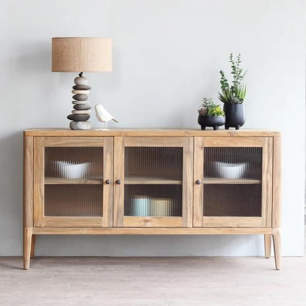 Carlton Arch Sideboard in Recycled Teak & Glass with 3 Doors in - Natural Deep Rustic Finish (New 2024)