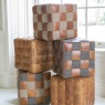 vintage Framed Cube Stool Mixed Wool & Leather Patchwork